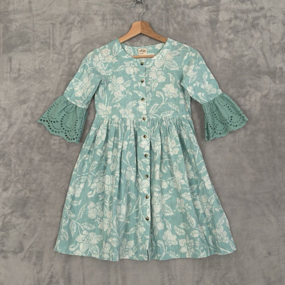 Utsa Kids Girls Dress 9-10 Seafoam Green Floral Print 100% Cotton